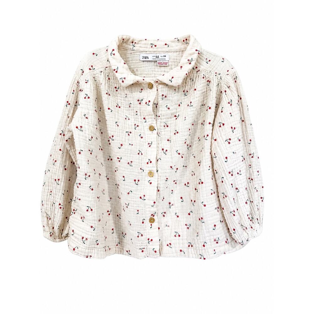 Zara Kids Cherry Gauze Blouse 4-5Y 110 Cotton Puff Coquette Cottagecore Boho Top